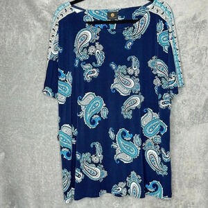 JM Collection XL Shirt‎ Top Blue Paisley Short Sleeve Round Neck Stretch Casual